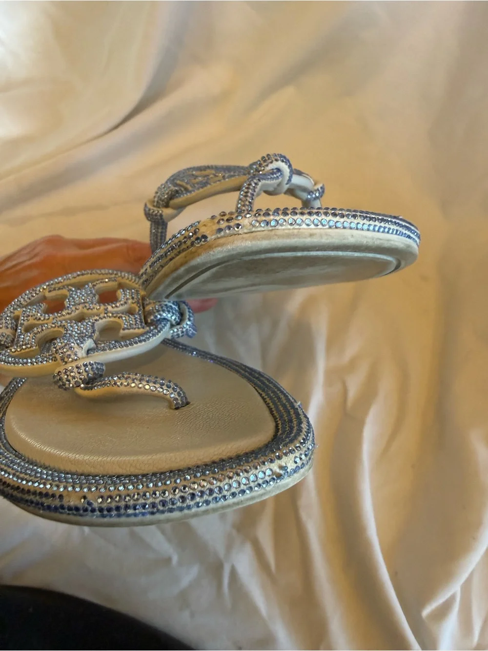 Tory Burch Light Blue rhinestone sparkling Logo Thong Sandals
